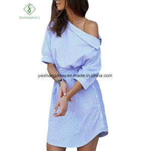 2017 Fashion One Shoulder Elegant Blue Striped Women Shirt Dress